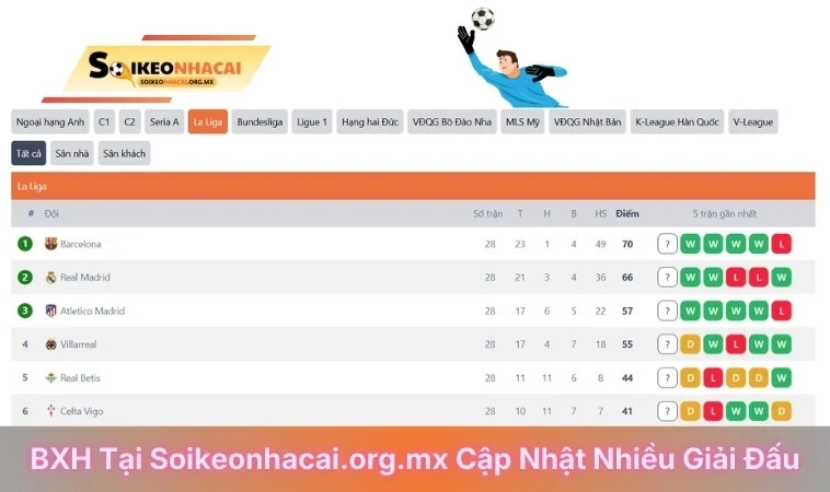 BXH tại soikeonhacai.org.mx cập nhật nhiều giải đấu